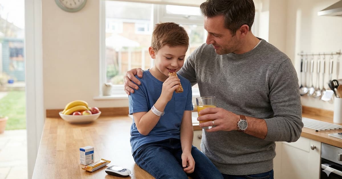 Un padre y su hijo sonriendo mientras el niño come una barrita de cereales y el padre sostiene un vaso de zumo de naranja.