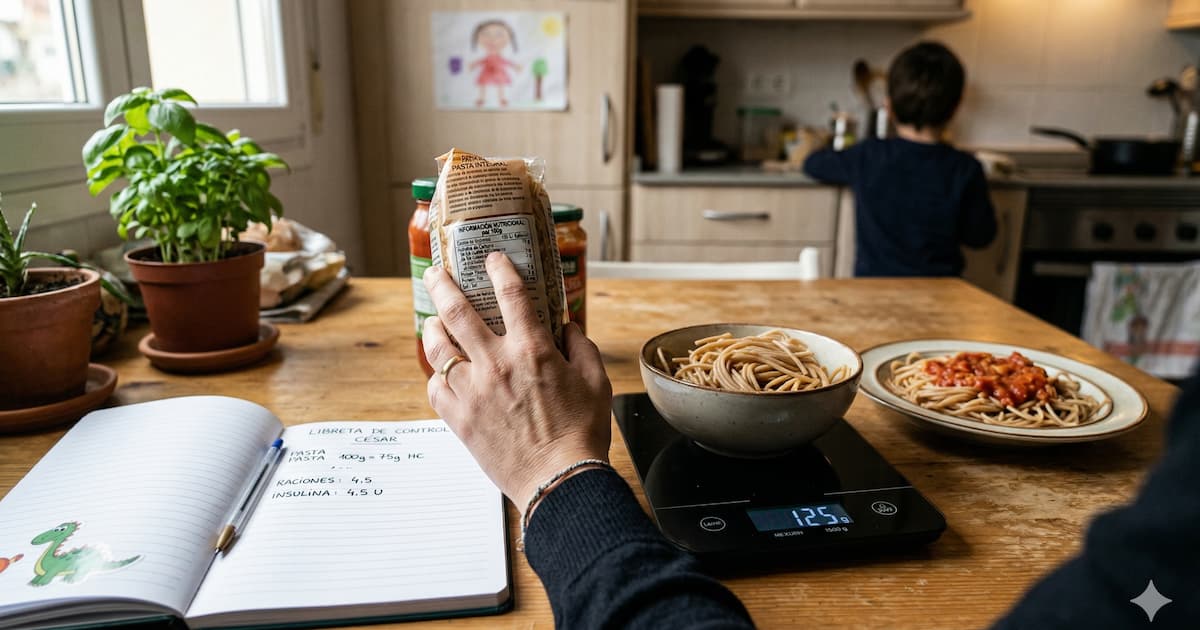 Padre aprendiendo a contar raciones de hidratos de carbono para su hijo con diabetes
