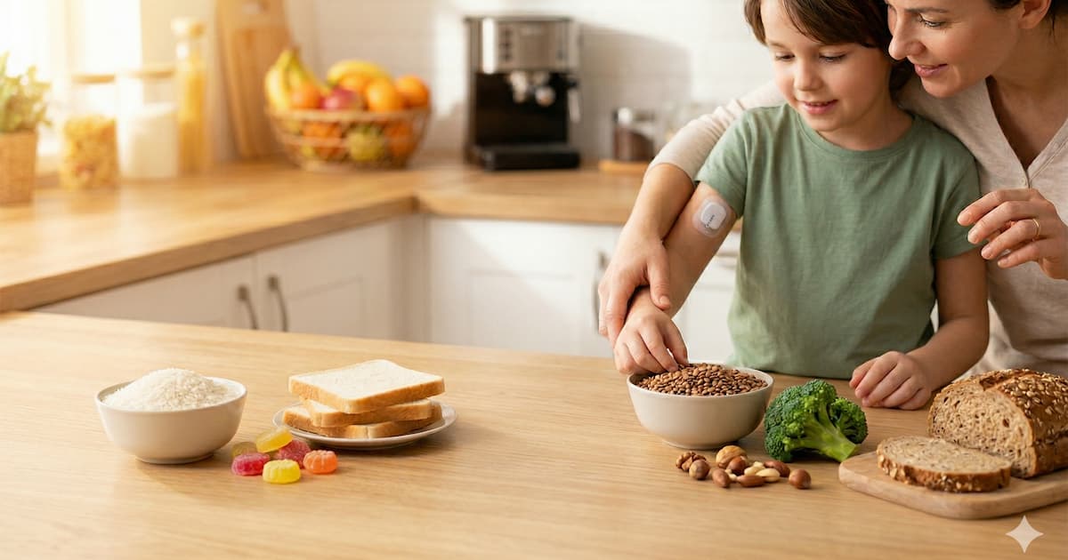 Madre e hijo con diabetes tipo 1 en una cocina, comparando alimentos de alto índice glucémico (arroz, pan blanco) con alimentos de bajo índice glucémico (lentejas, brócoli, pan integral) sobre una encimera de madera.