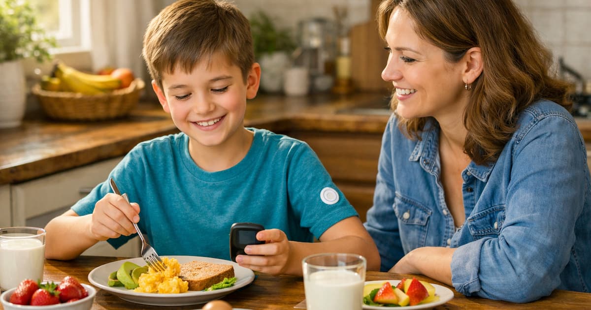 Niño con diabetes tipo 1 desayunando alimentos saludables junto a su madre en casa