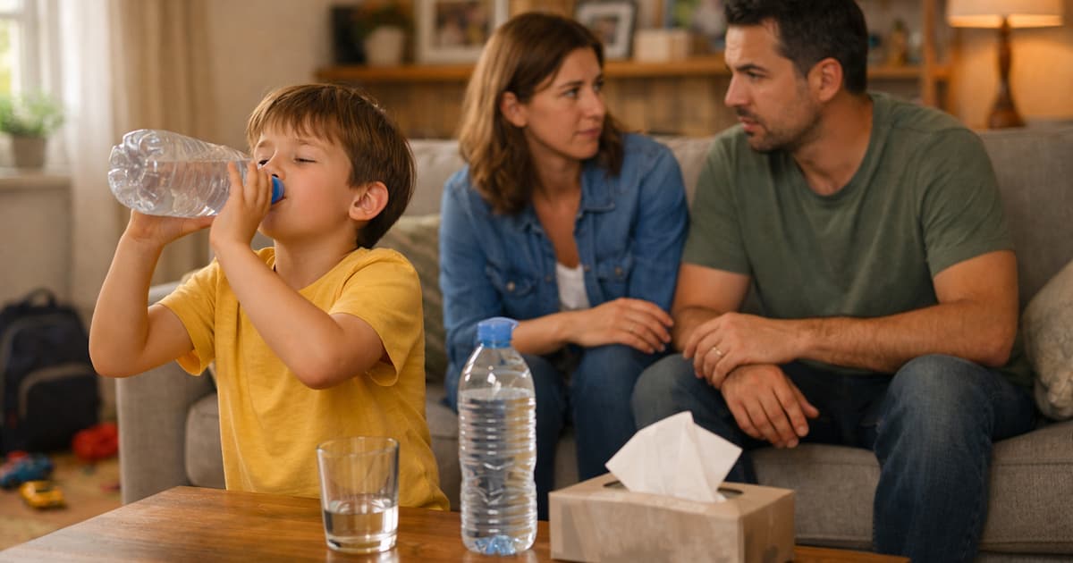 Niño bebiendo mucha agua mientras sus padres lo observan preocupados en casa, ilustrando señales tempranas de diabetes infantil.