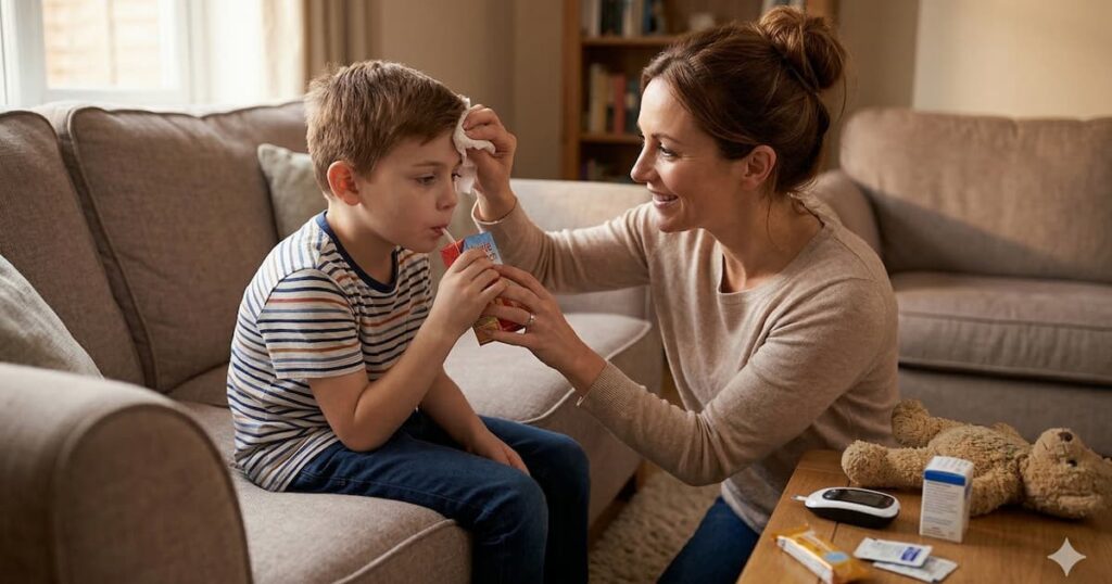 Una madre sentada en el suelo de un salón, administrando gel de glucosa a su hijo de 7 años, quien está sentado en el sofá con expresión cansada.
