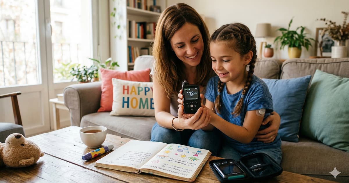 Una madre y su hijo revisando un glucómetro en el sofá.
