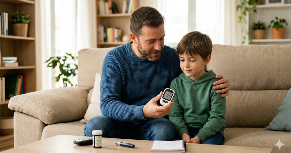 Padre e hijo con diabetes tipo 1 revisando un glucómetro que marca 0.9 de cetonas altas con calma en casa.